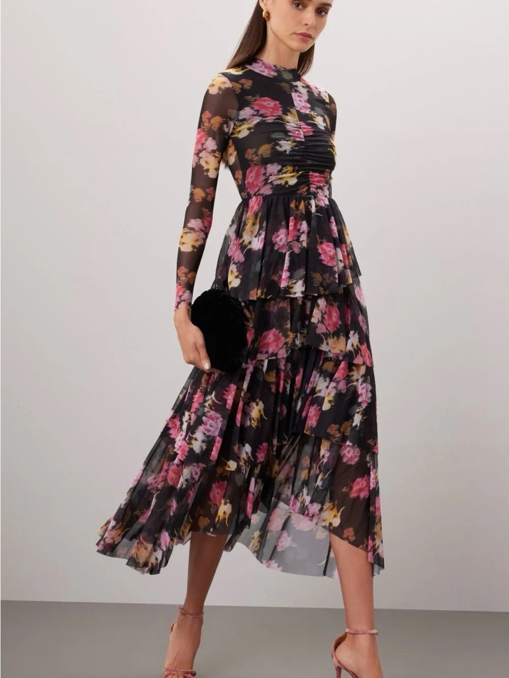 Ted Baker Sheer Floral Tiered Long-Sleeve Midi Dress in Black and Pink